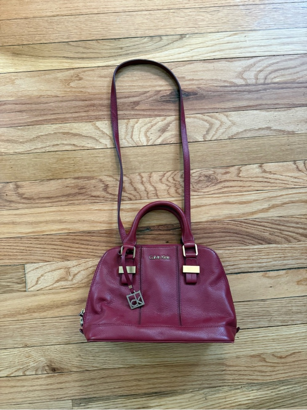 Calvin Klein Burgundy Leather Mini Bowler Bag